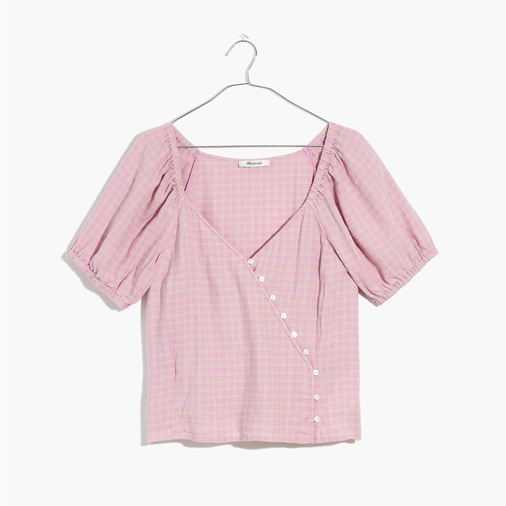 Linen-Blend Puff-Sleeve Button-Wrap Top in Plaid